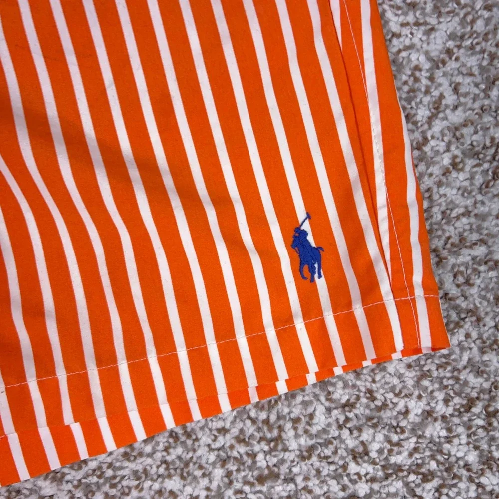 Polo Ralph Lauren Swim Trunks Mens L Orange Swimsuit Striped Beachwear Pony Logo